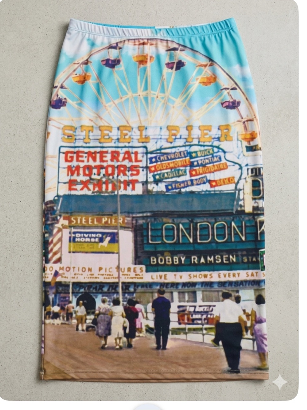 Nu Label Y2K Festival Ready Pencil Skirt Ferris Wheel Print in Blue and Tan - Picture 3 of 7